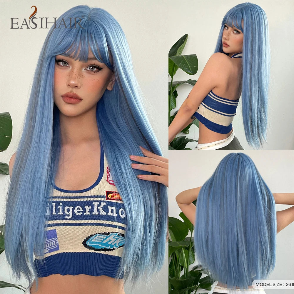 Rose Gold Layered Straight Wig with Bangs