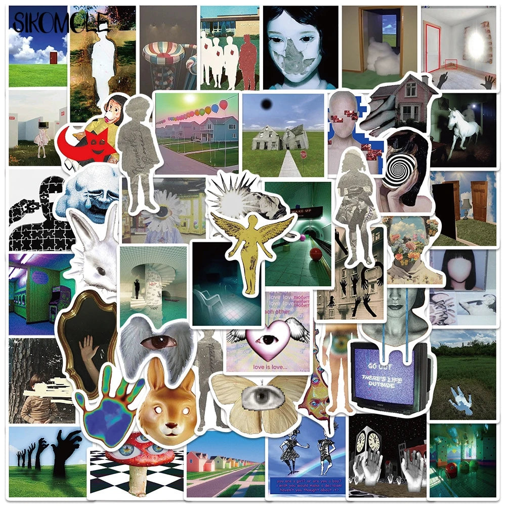 A collage of diverse cartoon and dreamcore art stickers featuring various characters, landscapes, and abstract designs.
