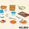 A set of miniature wooden furniture and food items for a forest animal dollhouse.