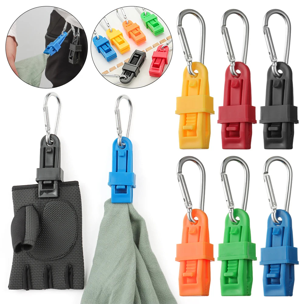 Various colored durable glove clips and accessories shown with a black glove.