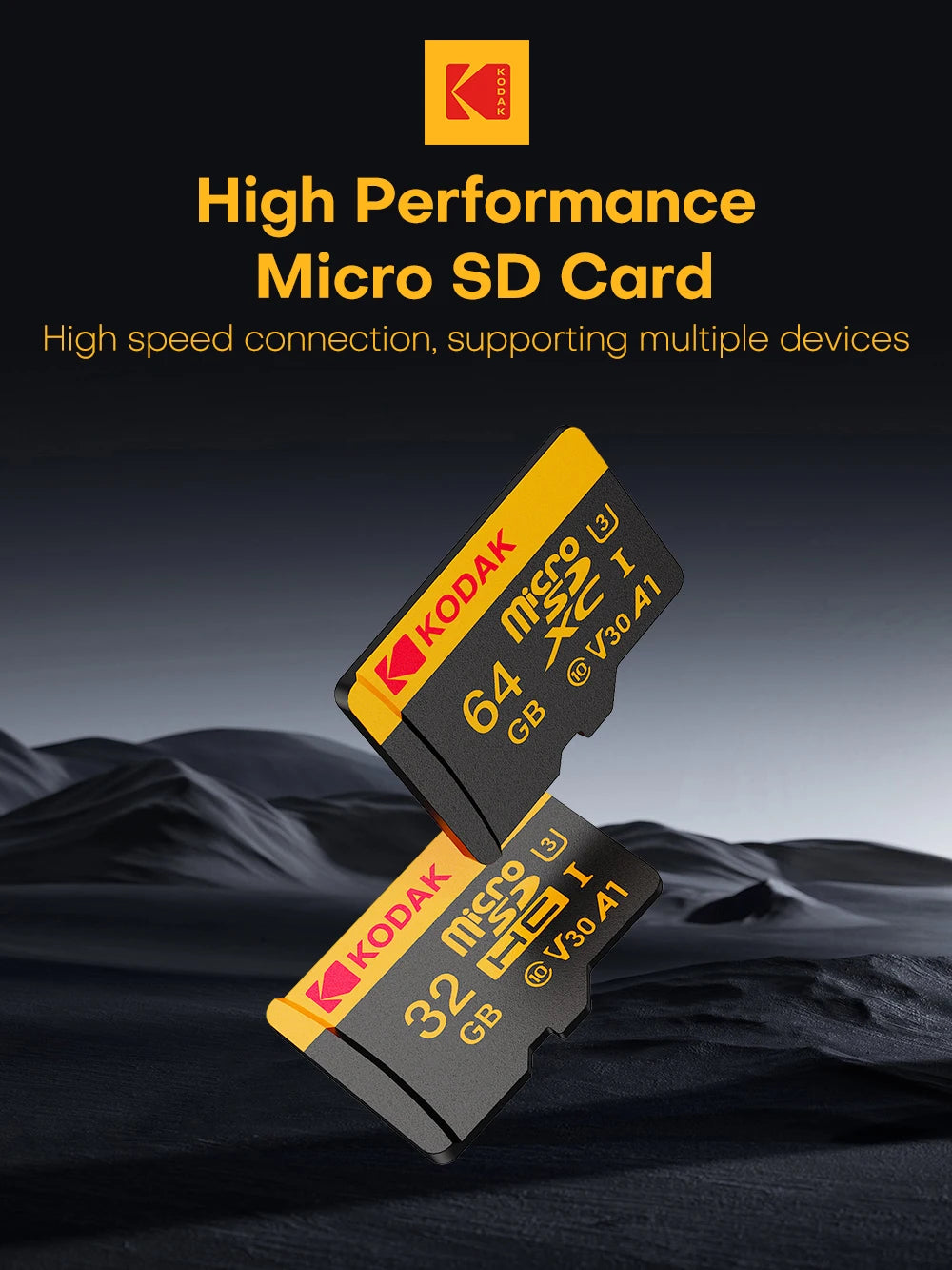 Two Kodak Micro SD cards, 64GB and 32GB, are shown against a dark background.
