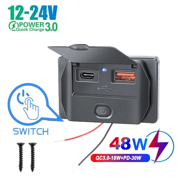 A black dual USB car charger adapter with a switch and output labeled 48W QC3.0-18W+PD-30W.