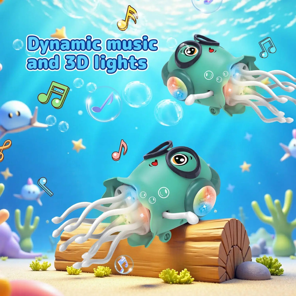 A green, interactive dancing jellyfish toy with LED lights is shown floating above a wooden log.