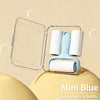 Mini Blue lint roller with three refills displayed in a clear plastic case.