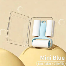 Mini Blue lint roller with three refills displayed in a clear plastic case.