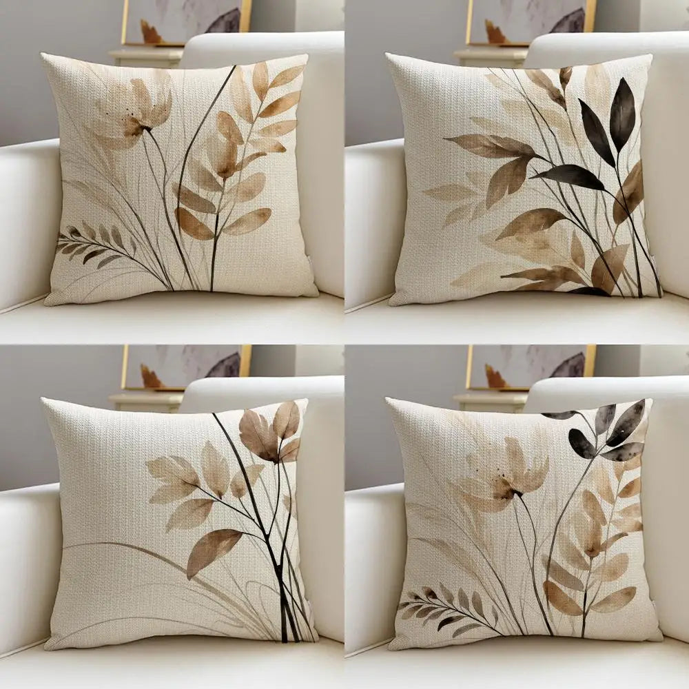Beige Minimal Blooms Linen Throw Pillow Covers