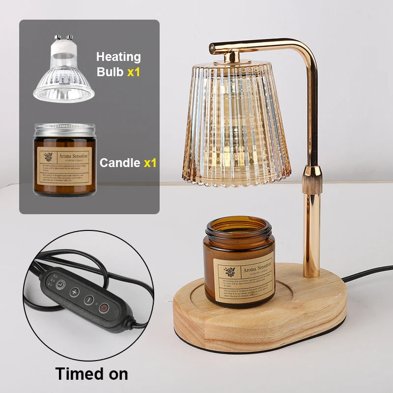 A brass-colored lamp with a glass shade holds a candle jar and is connected to a timer device.