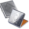 A silver stainless steel cigarette case with an embossed floral pattern shown in a diagonal angle.