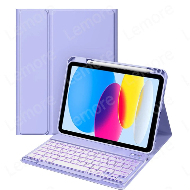 A purple iPad keyboard case with a matching purple cover and a screen displaying a colorful gradient.