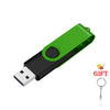 A green portable USB 2.0 flash drive with a black connector and a keyring.
