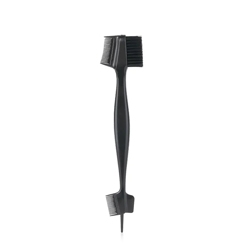 A black edge control brush used for styling hairlines and wigs.