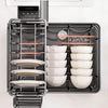 A black 2-tier kitchen countertop drying rack with a removable tray for commercial tableware.