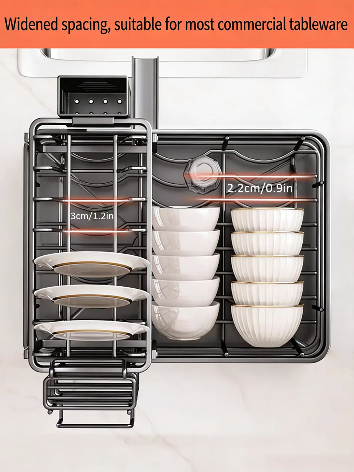 A black 2-tier kitchen countertop drying rack with a removable tray for commercial tableware.
