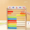 Wooden rainbow counting abacus with colored beads arranged in rows on a wooden frame