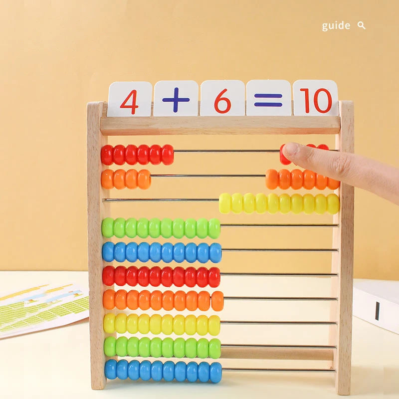 Wooden rainbow counting abacus with colored beads arranged in rows on a wooden frame
