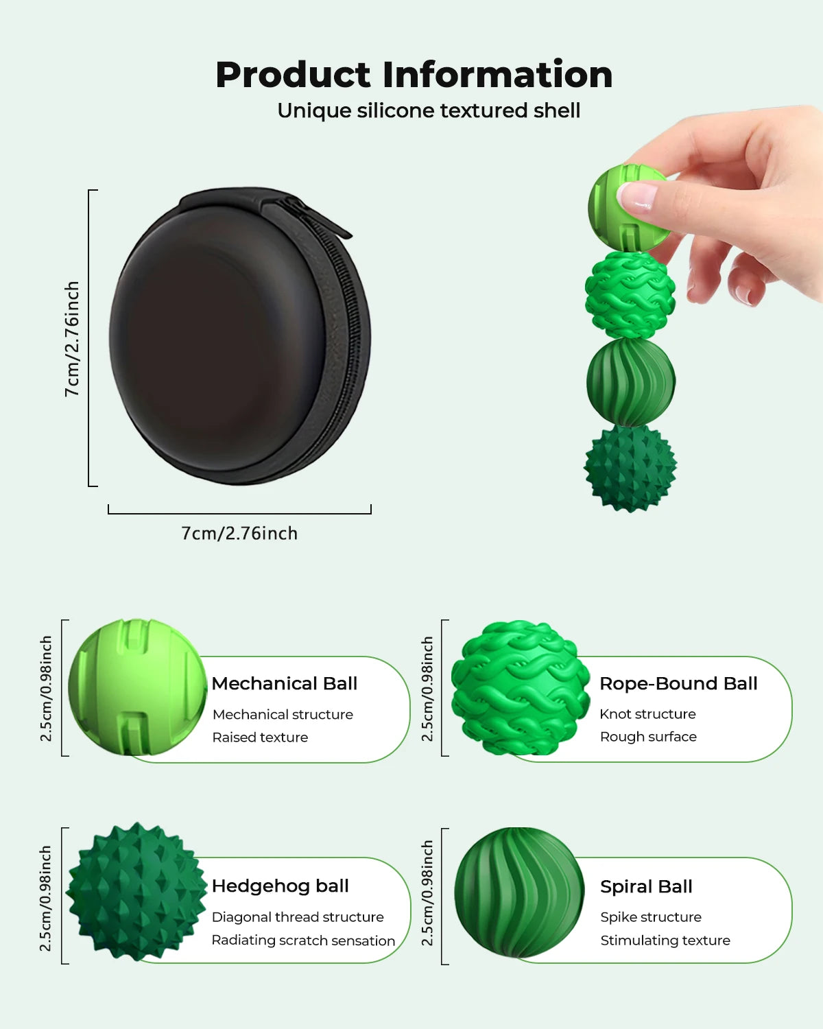 A set of four silicone textured balls in various shades of green and black, showing different textures like mechanical, rope-