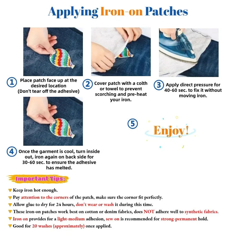 Instructions for applying iron-on patches, showing placement and pressing techniques.