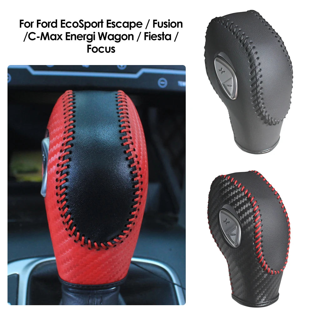 Black and red carbon fiber gear shift knob cover for Ford EcoSport Escape Fusion C-Max Energi Wagon Fiesta and Focus