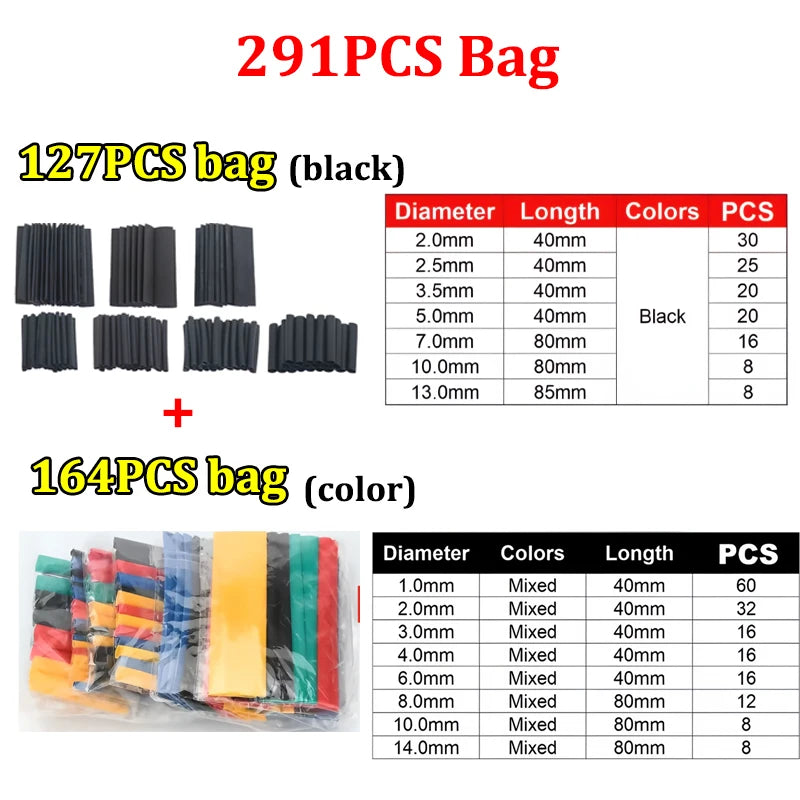 A collection of heat shrink tubing bags, including 127PCS black bags and 164PCS color bags.