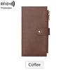 A brown RFID protection wallet with a leather texture and a gold-colored zipper detail.