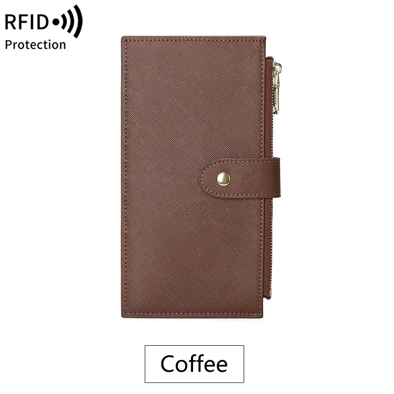 A brown RFID protection wallet with a leather texture and a gold-colored zipper detail.