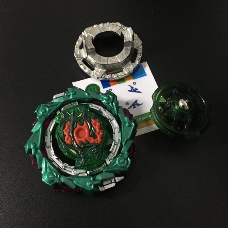 A metal battle spinning top with a green and red design is shown next to its detached spinning mechanism.