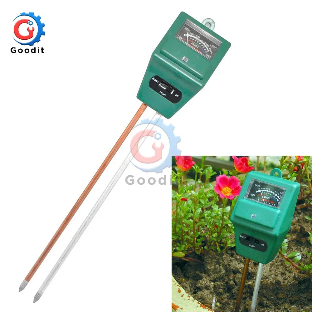 A green soil testing probe with a digital meter used to measure pH, moisture, and light levels in the soil.
