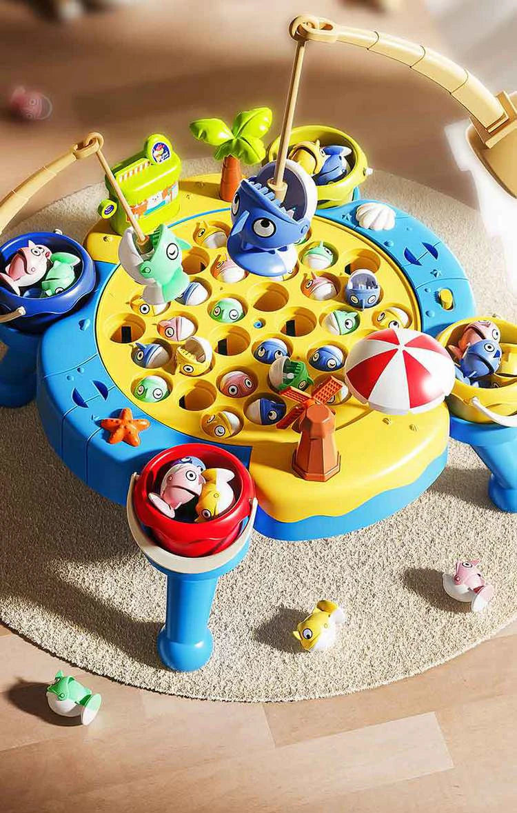 A colorful magnetic fishing game toy with yellow and blue components and various plastic fish figures.