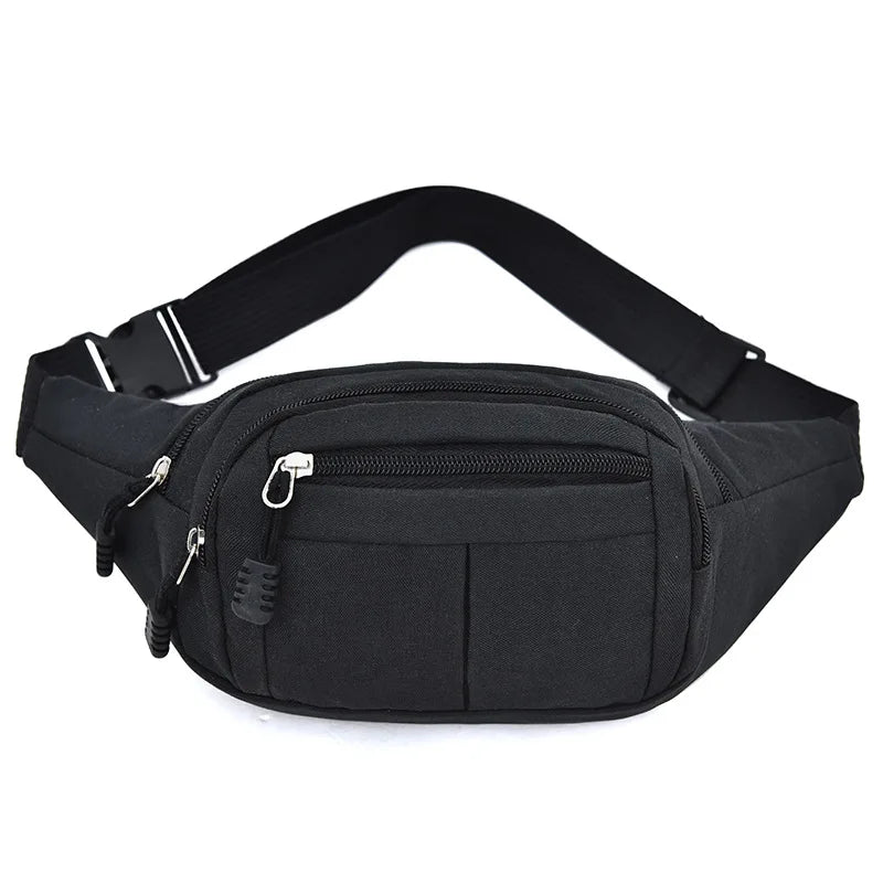 Black canvas waist pack or fanny pack with multiple pockets shown from the front