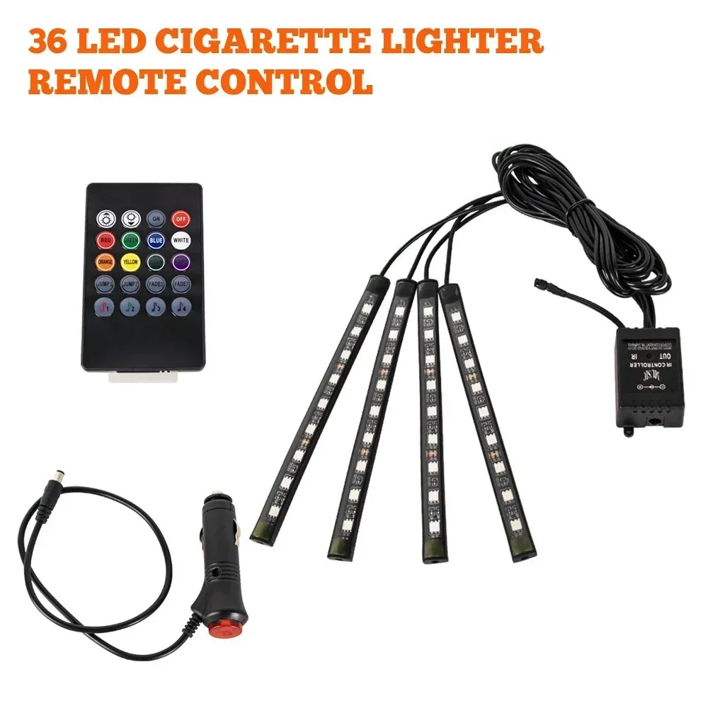 A remote control for a 36 LED cigarette lighter remote control device with multiple buttons and light strips.