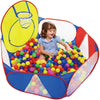 A foldable kids ball pit play tent with a yellow storage basket and colorful balls inside.