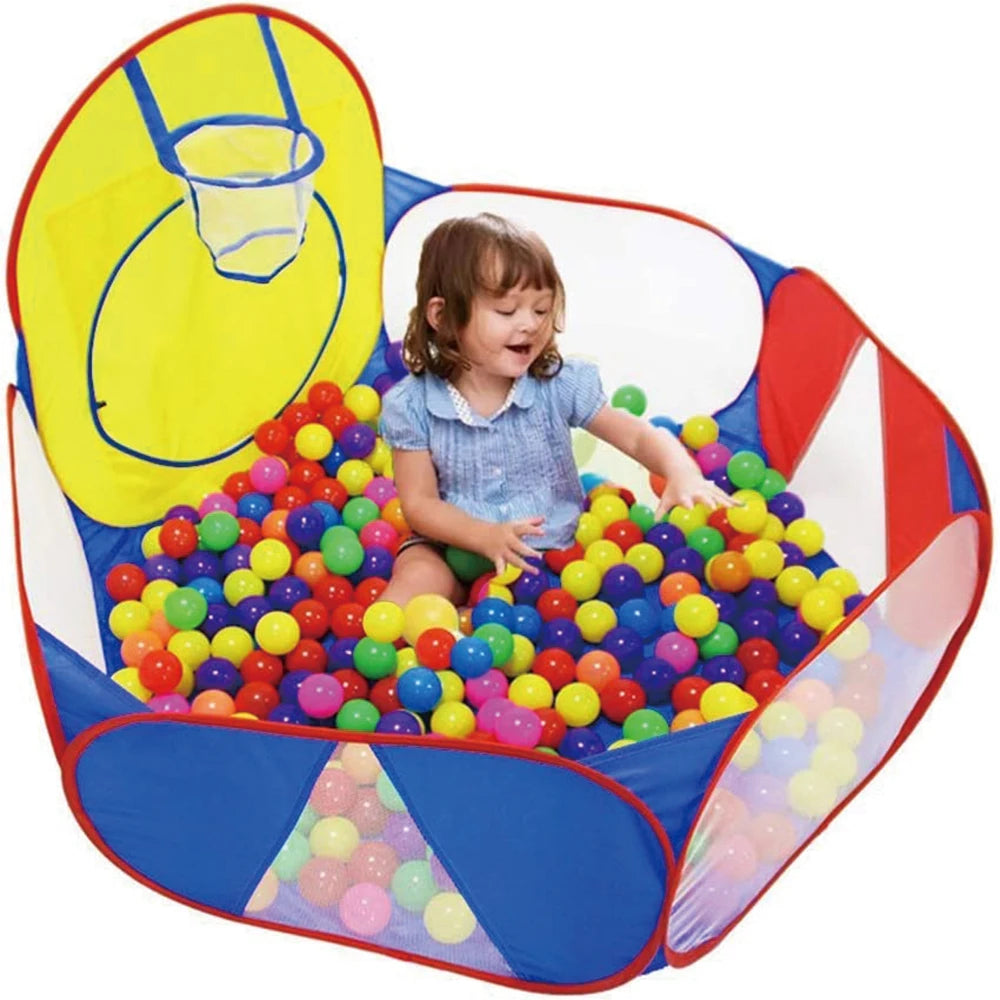 A foldable kids ball pit play tent with a yellow storage basket and colorful balls inside.