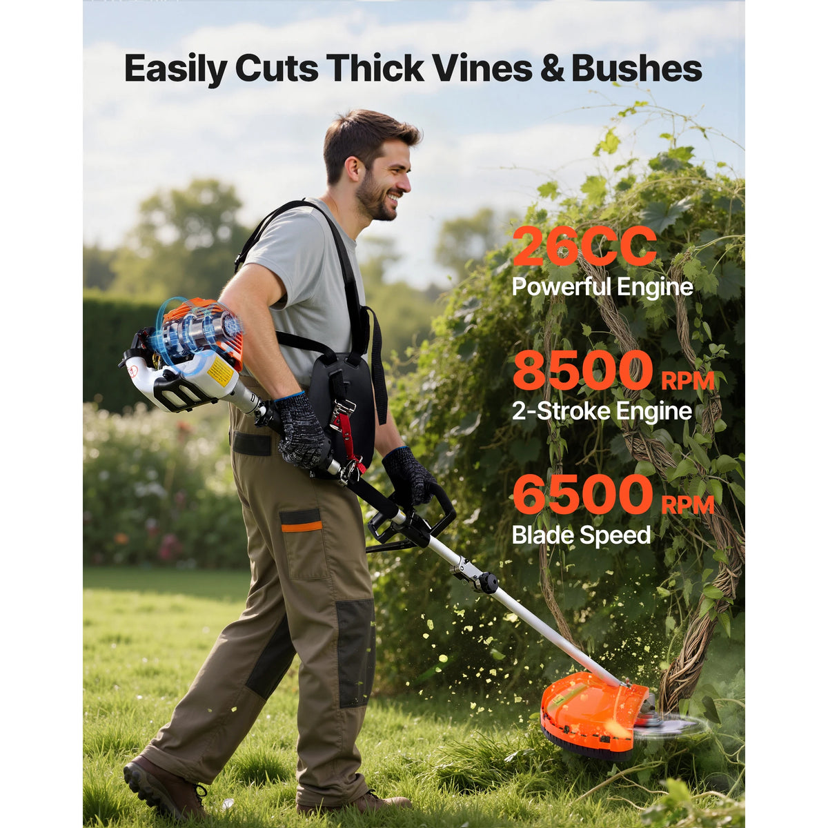A man is using a gas-powered hedge trimmer to cut thick vines and bushes outdoors.