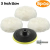 A set of five white wool car polishing pads with a black backing pad and a drill adapter.
