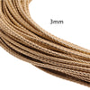 Close-up of a brown braided leather cord, 3mm in diameter, shown in a spool or strand.