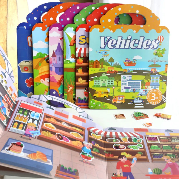 A colorful book of reusable jelly stickers featuring vehicles and various themed illustrations for children.