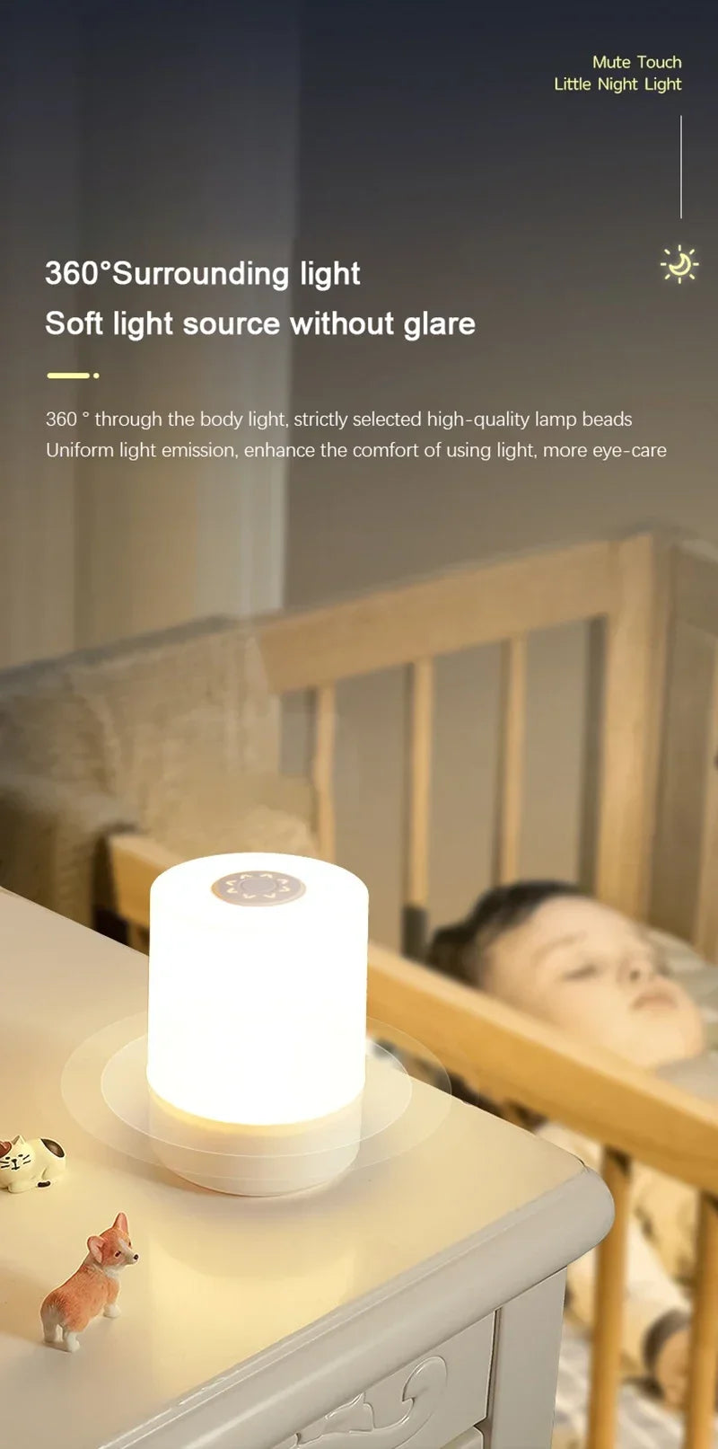 A white LED table lamp emitting a soft light, shown on a wooden surface next to a person's head.