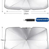 Two versions of a car windshield sun shade umbrella are shown, illustrating small and large sizes with corresponding dimensio