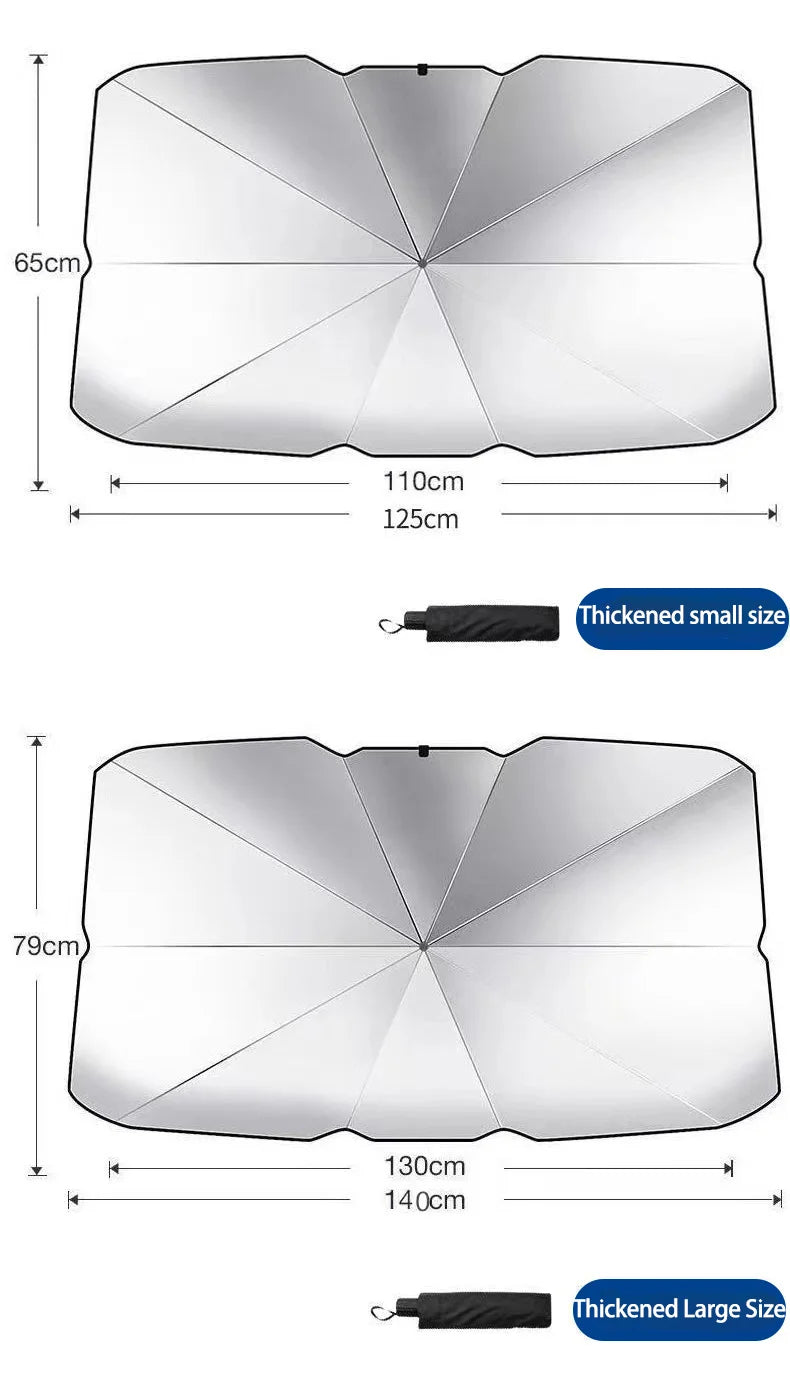 Two versions of a car windshield sun shade umbrella are shown, illustrating small and large sizes with corresponding dimensio