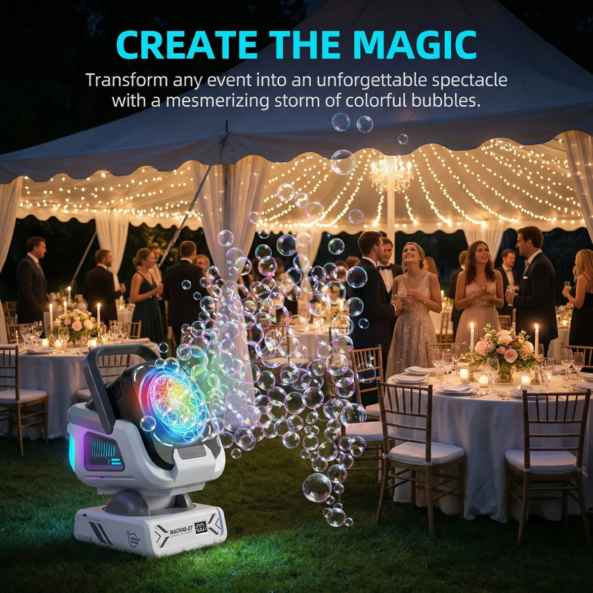 A 360° rotating bubble machine with RGB lights and USB-C charging is set up for an event under a tent.