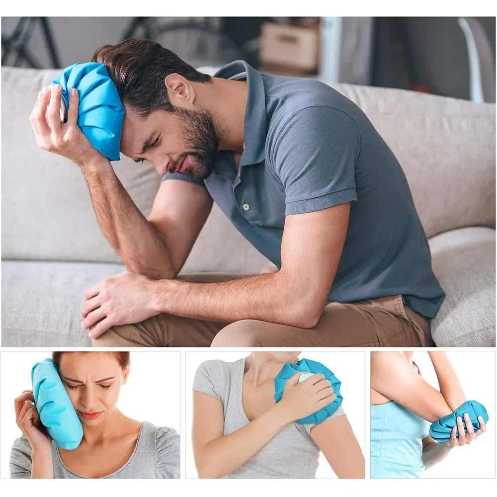 A man is using a blue reusable ice pack for therapy on his forehead, with close-ups of the product being applied to a woman's