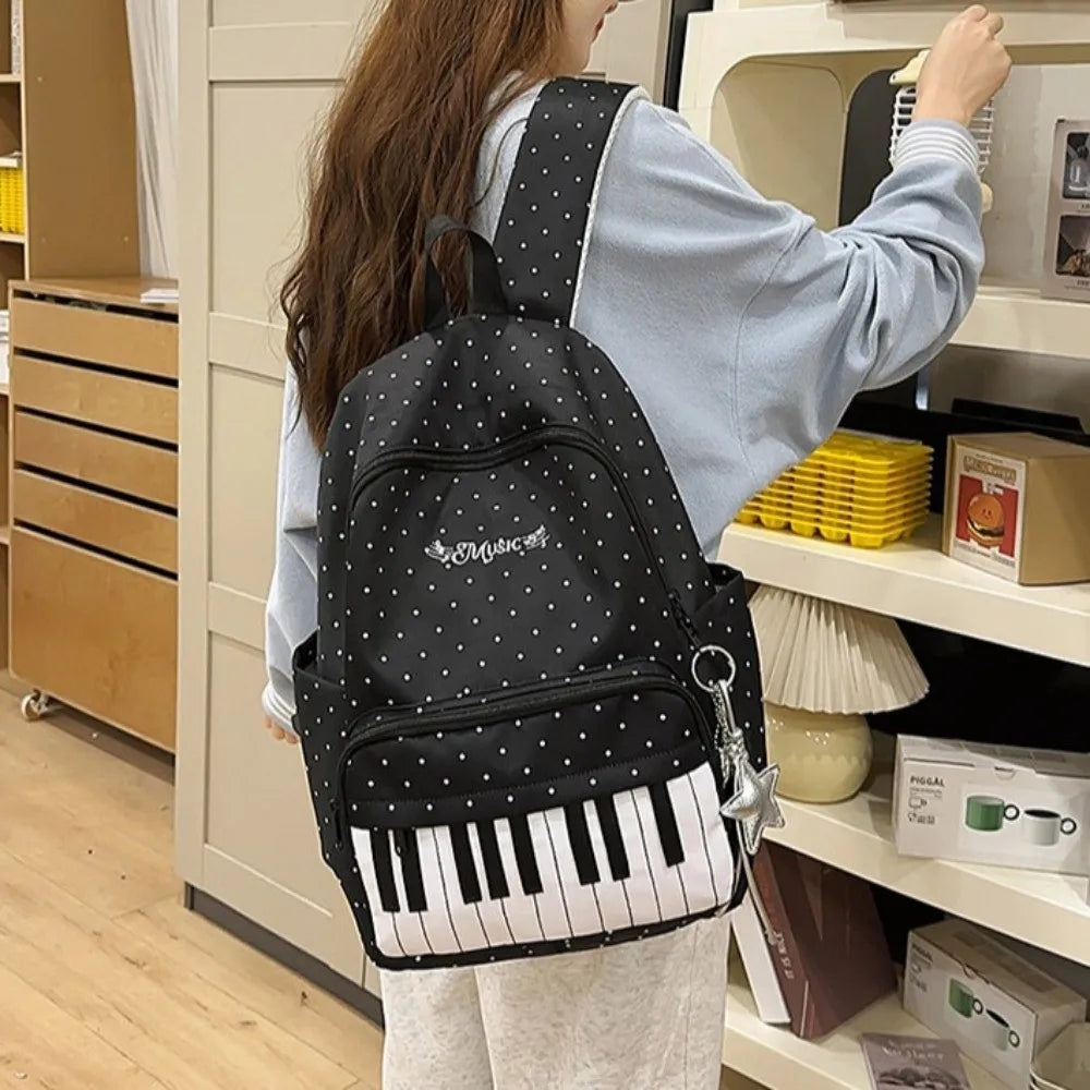 Polka Dot Backpack with Piano Key Design – Large Capacity Travel Daypack