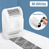 A white roller identity protection stamp with an imprintable oil design shown next to a privacy strip.