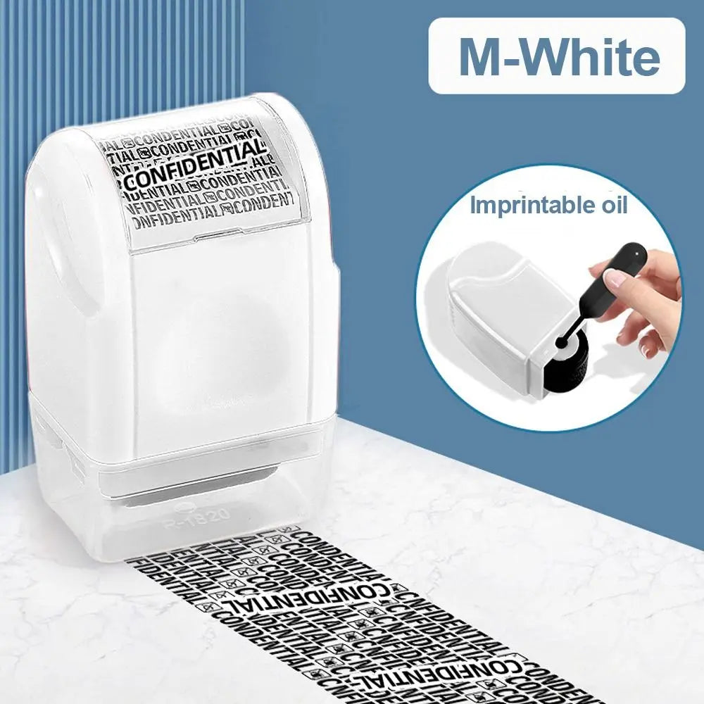 A white roller identity protection stamp with an imprintable oil design shown next to a privacy strip.