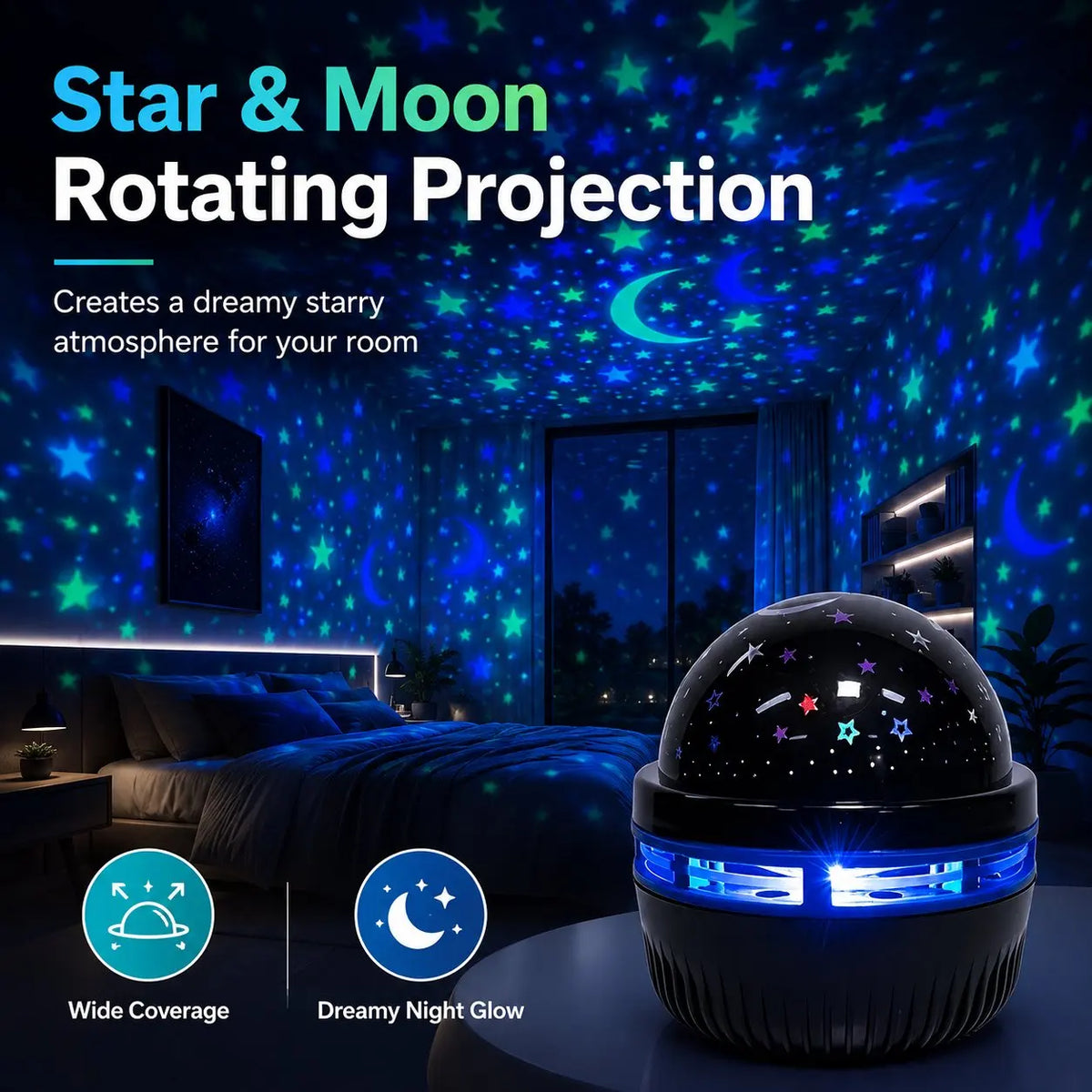 A black spherical projector emitting a blue star and moon rotating projection light in a bedroom setting.
