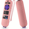 A pink silicone remote cover and its matching cylindrical grip for a Roku device.