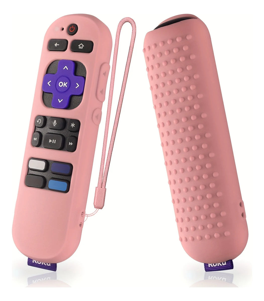 A pink silicone remote cover and its matching cylindrical grip for a Roku device.