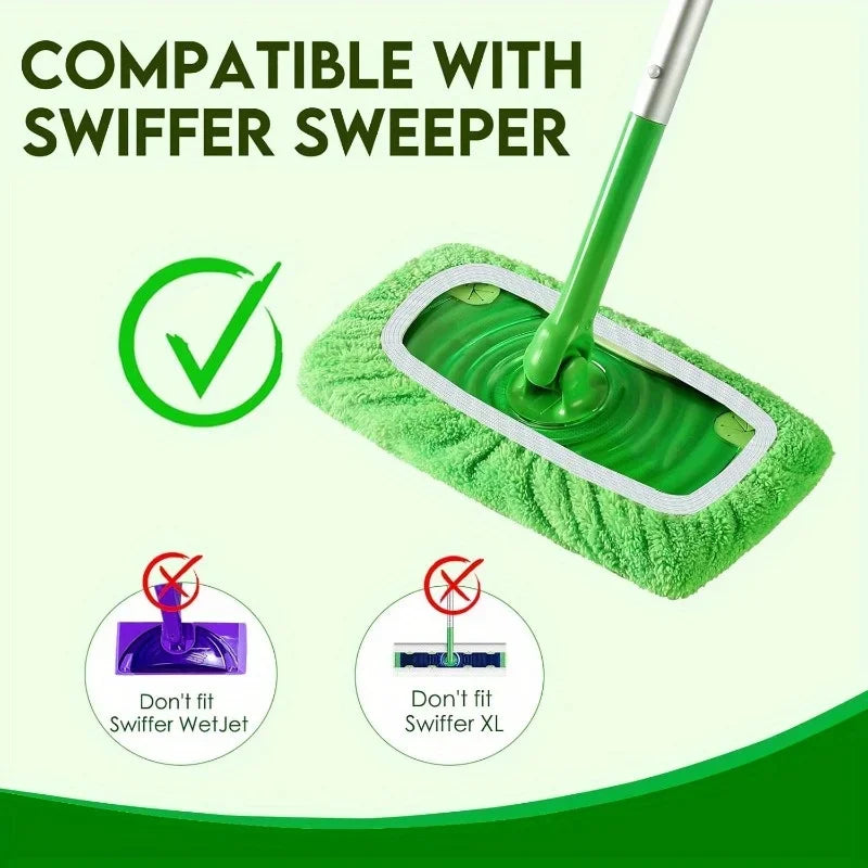 Grüne Mikrofasermatsch und Wischvorrichtung kompatibel mit einem Swiffer-Staubsauger.