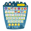 A colorful learning pad featuring various Islamic concepts and words in Arabic and English for children.