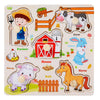 Wooden 3D jigsaw puzzle featuring farm animals like a cow, rabbit, sheep, and horse.